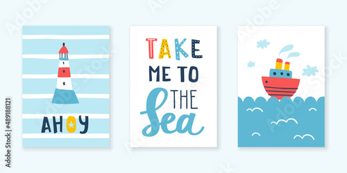 Doodle sea nursery poster set with lettering. Cartoon watercraft baby prints for wall art and apparel. photo