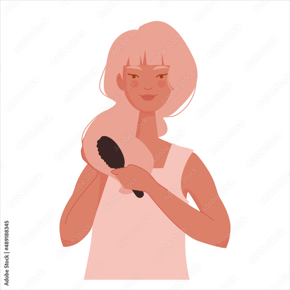Cute blond girl take care of hair with brush. Comb hair routine for health and beauty. LongHairstyle. Vector illustration isolated on white background. Cute blond girl take care of hair with brush. Comb hair routine for health and beauty. LongHairstyle. Vector illustration isolated on white background.