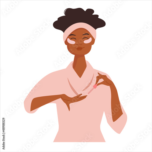 Cute African American girl with curly hair does cosmetic routine for glowing skin. Facial treatment with eye patch and hand serum to moisturize. Vector illustration isolated on white background.