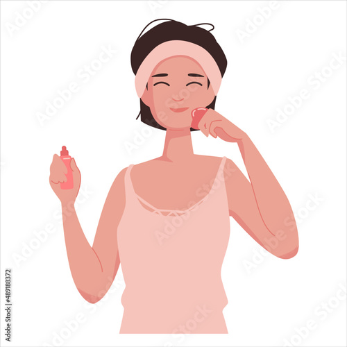 Cute  girl with short hair does facial massage for healthy skin. Holding serum for moisturizing and gua sha stone. Vector illustration isolated on white background.