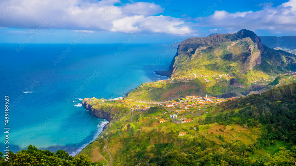Cliffs aerial view of Faial village fort and Santana region on the ocean coast of Madeira island, in Portugal
