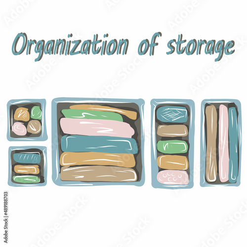 Organization of space, basic wardrobe. Before and after. Organizers for storing things. Clutter, order. Minimalism. Comfort, furniture. Isolated vector objects.