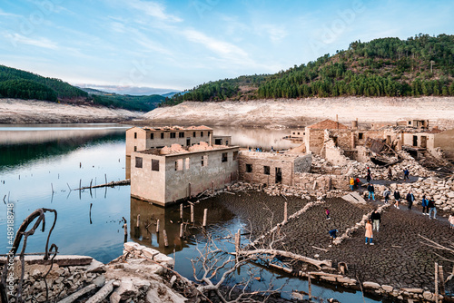 Low water level due to extreme drought at the Lindoso dam. Old village became visible again. Portugal, Spain, Aceredo, Galicia.