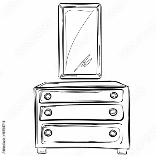Wooden chest of drawers and a large mirror. Organization of storage of things in the house, comfort, home life, furniture. Isolated vector objects.