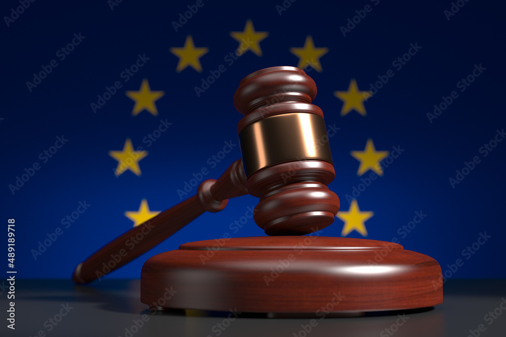 Judges wooden gavel with EU flag in the background. Region court system. 3d render