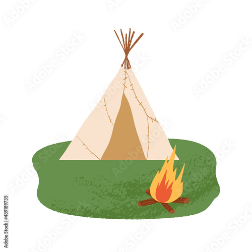 Teepee, lodge or wigwam with a bonfire. Traditional camp, shelter handmade home for indigenous people, Native Americans.