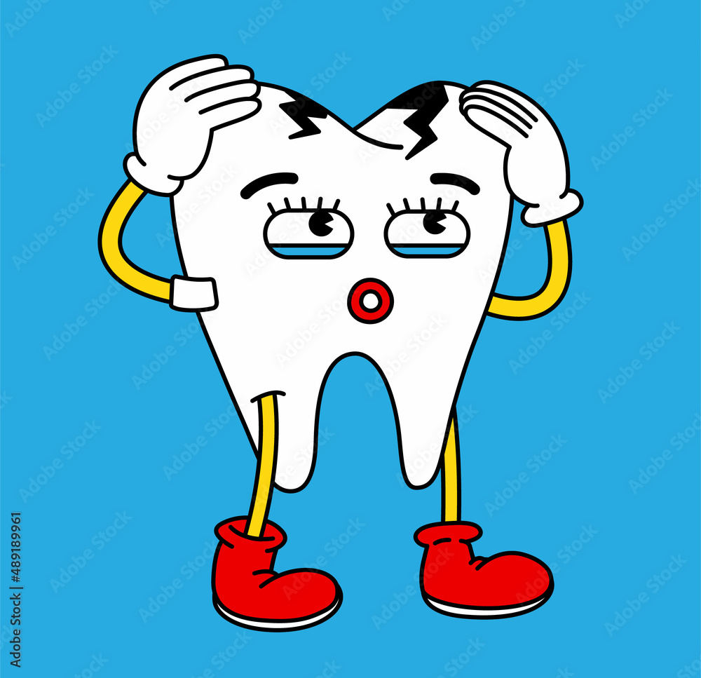 tooth funny cartoon character. Upset distressed tooth with caries. Vector  illustrations for dental business in trendy retro cartoon style. Vector  illustration Stock Vector | Adobe Stock