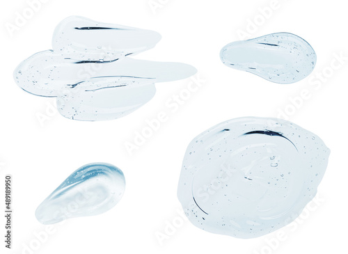 Clear liquid serum gel smudges with bubbles set isolated on white background