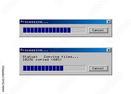 Retro OS user interface. Set of progress bars, dialog screen with cancel button. Vintage computer software. Vector illustration