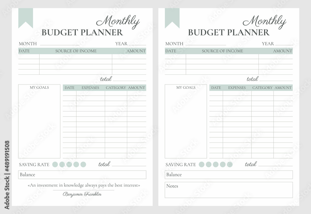 Financial planner page vector templates. Budget for the month. Minimalistic strict design with a quote or notes Financial planner page vector templates. Budget for the month. Minimalistic strict design with a quote or notes