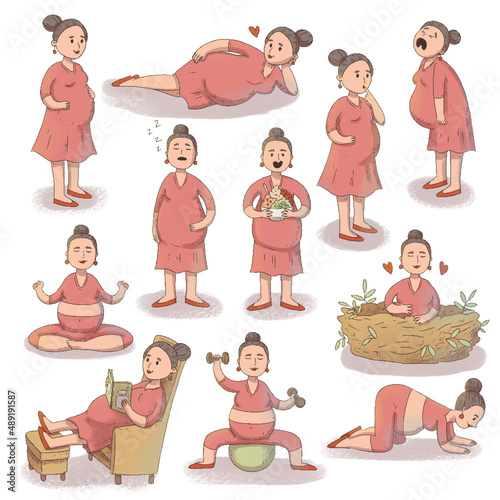 Pregnant woman in different poses. What does a pregnant woman do while expecting a baby.