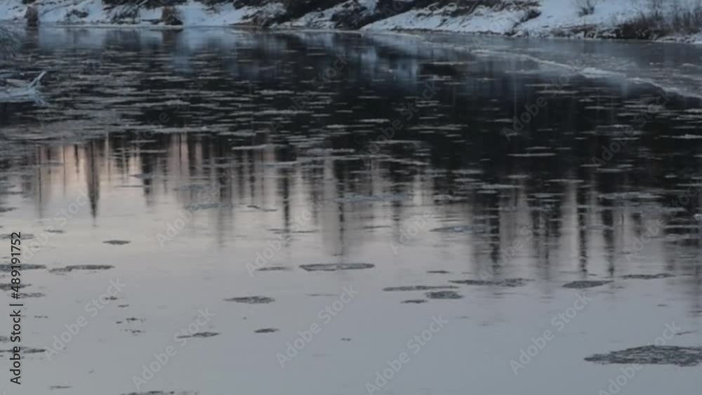 Ice floats, moves along the river, ice drift, winter landscape, river in the forest Ice floats, moves along the river, ice drift, winter landscape, river in the forest