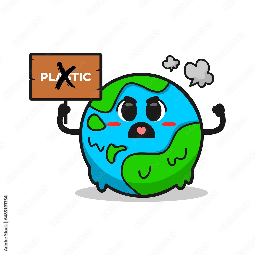 Fototapeta premium cute earth illustration holding a board. illustration of protest against the use of plastic.