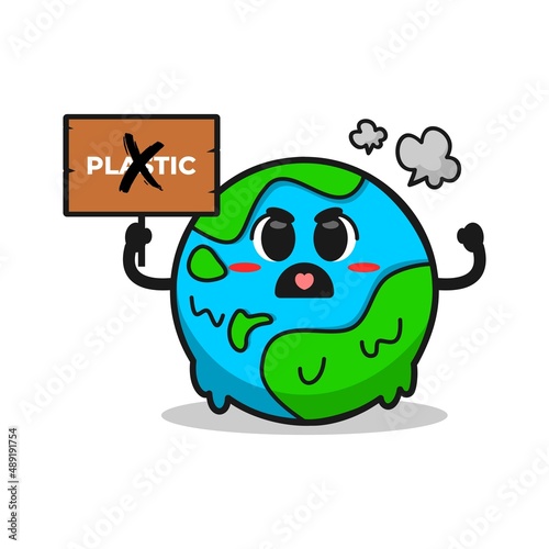 cute earth illustration holding a board. illustration of protest against the use of plastic.