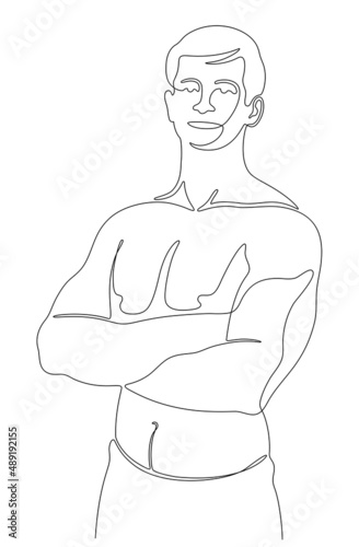 Continuous line portrait of handsome muscled man with crossed arms.