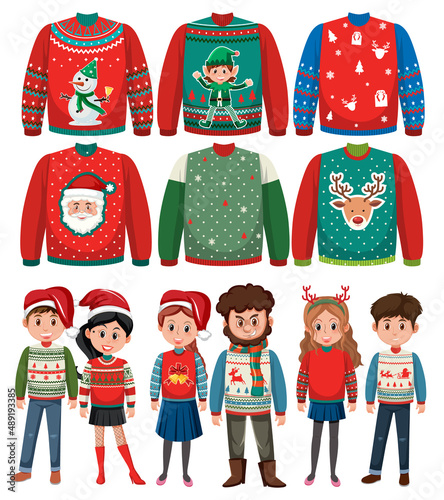 Set of people wearing christmas sweaters