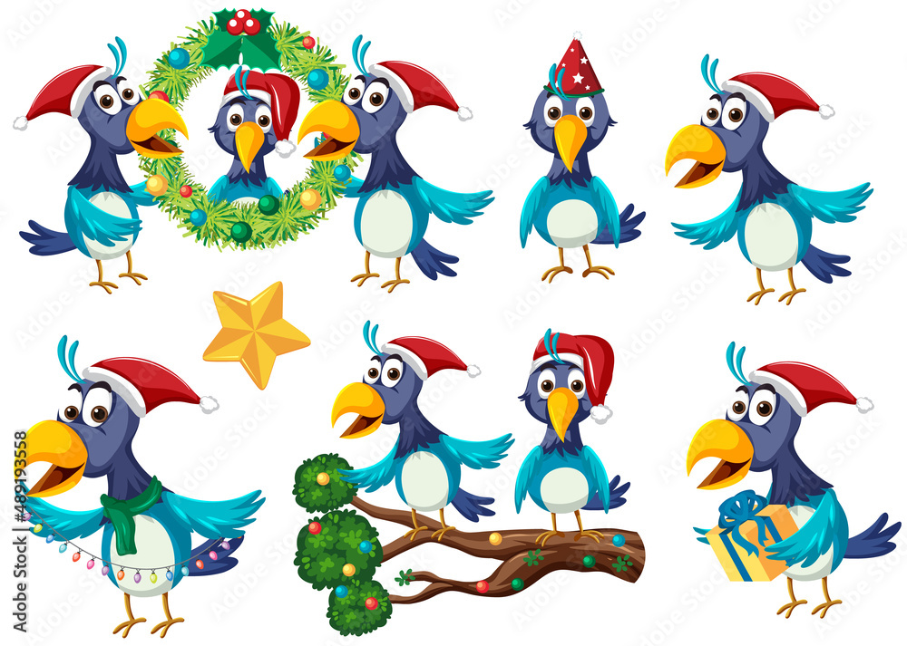 Fototapeta premium Set of birds wearing christmas hat