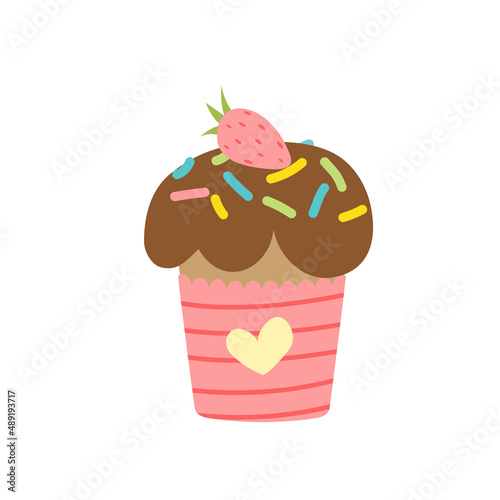 Easter cake with chocolate glaze, sprinkle, strawberry. Cupcake with heart. Flat. Isolated