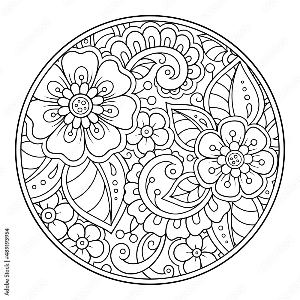 Outline round flower pattern in mehndi style for coloring book page. Antistress for adults and children. Doodle ornament in black and white. Hand draw vector illustration. Outline round flower pattern in mehndi style for coloring book page. Antistress for adults and children. Doodle ornament in black and white. Hand draw vector illustration.