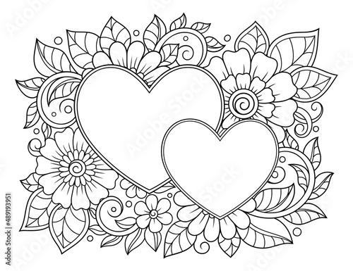 Decorative frame with floral pattern in forn of heart in mehndi style. Antistress coloring book page. Doodle ornament in black and white. Outline hand draw vector illustration.