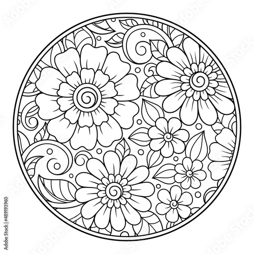 Outline round flower pattern in mehndi style for coloring book page. Antistress for adults and children. Doodle ornament in black and white. Hand draw vector illustration.