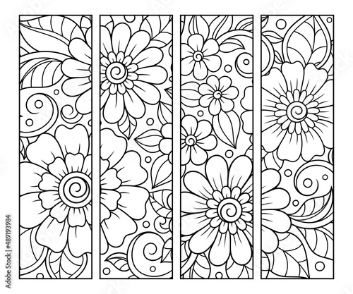 Bookmark for book - coloring. Set of black and white labels with floral doodle patterns, hand draw in mehndi style. Sketch of ornaments for creativity of children and adults with colored pencils.