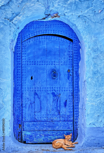 Puerta tradicional azul de una casa abandonada en Chefchaouen (Marruecos) con un gato anaranjado durmiendo. © ricardo wetzler
