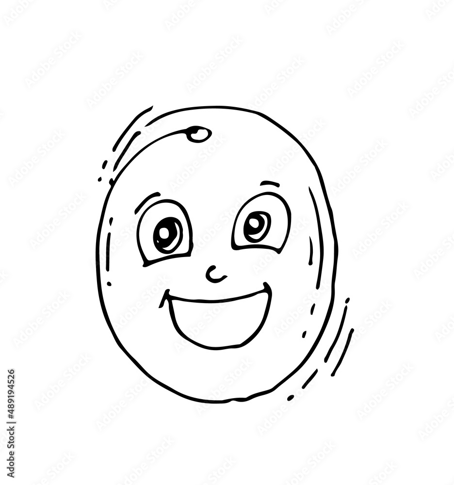 Fototapeta premium Plum laughs. Funny Face. Cheerful drawing of fruit. Hand drawing outline. Sketch Isolated on white background. Vector