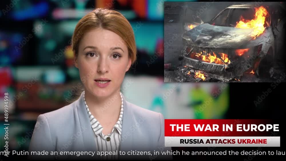 TV studio fenews male anchor presenter talking shocking breaking news about Russia's attack on Ukraine