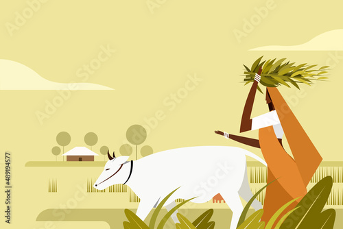 Illustration of an Indian rural woman walking with a cow in the farm