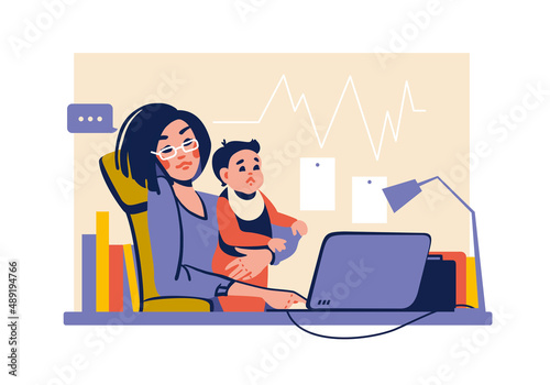 Mother with baby in her arms works online. Working mom.   Remote work. Freelance.