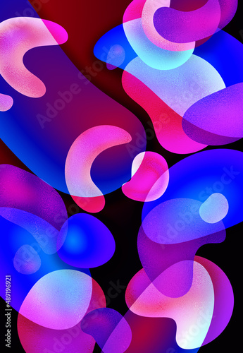 Abstract multicolor liquid pattern. Colorful fluid overlapping shapes on black background. Glowing pink and blue neon lights illustration.	