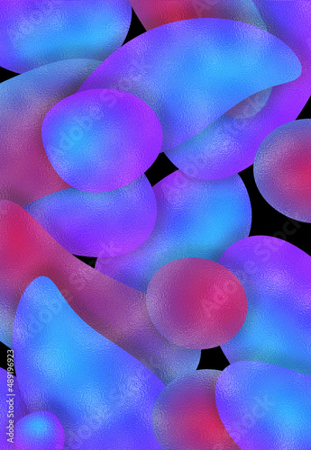 Abstract multicolor liquid pattern. Colorful fluid overlapping shapes on black background. Glowing pink and blue neon lights illustration.	