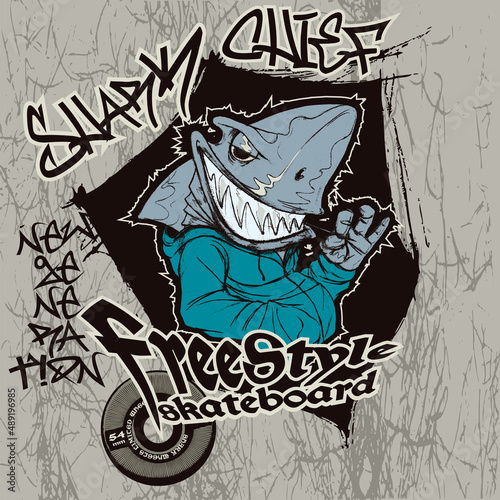 Shark mascot of a freestyle skateboarding team playing with the toothpick and wearing a streetwear hoodie. Skateboarding mascot illustration concept.