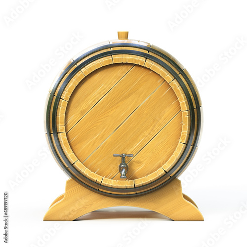 Wooden barrel front view isolated on white background, wine, beer, alcohol drink storage 3d illustration