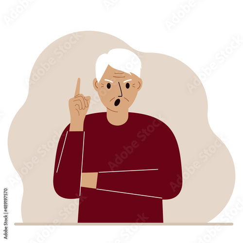 Screaming grandfather holding his index finger up. Vector