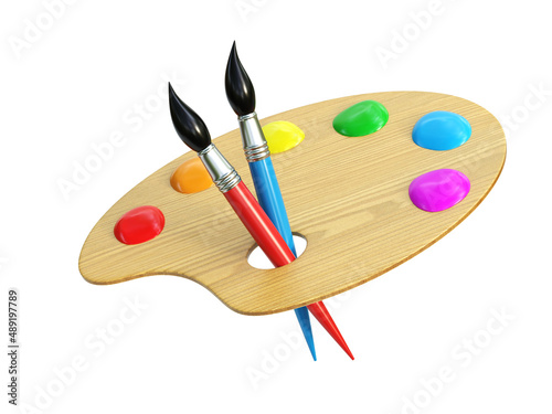 Wooden art palette with paints and brushes 3d rendering