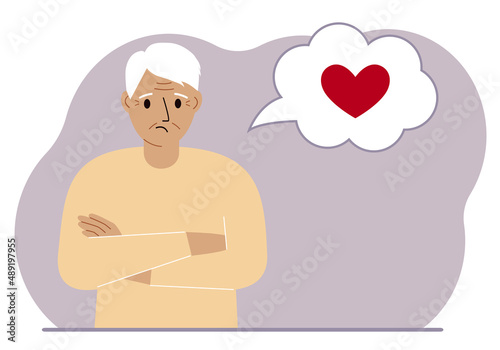Sad grandfather thinks about love. In the balloon of thought is a red heart. Vector