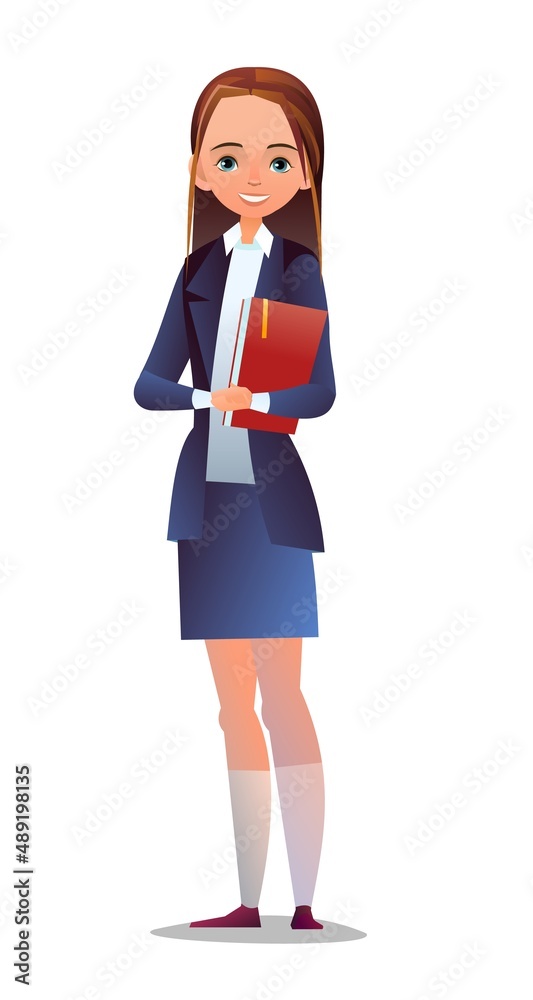 Pretty little girl student. Cheerful girl. Standing pose. Cartoon flat design in comic style. Single character. Illustration isolated on white background. Vector Pretty little girl student. Cheerful girl. Standing pose. Cartoon flat design in comic style. Single character. Illustration isolated on white background. Vector
