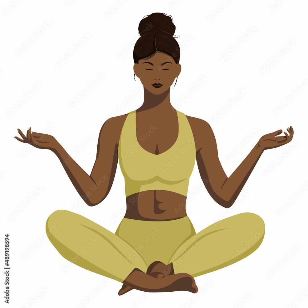 A beautiful girl with dark skin sits in a lotus position and meditates, does yoga. Vector illustration on an isolated white background, a character with a face