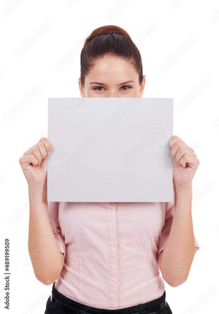 Im speechless over your idea. Studio shot of a young women holding up a small blank placard in front of her face isolated on white. Im speechless over your idea. Studio shot of a young women holding up a small blank placard in front of her face isolated on white.