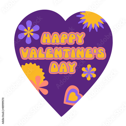 Purple heart in hippie style. Happy Valentines day text. Geometric flower and simple shapes.