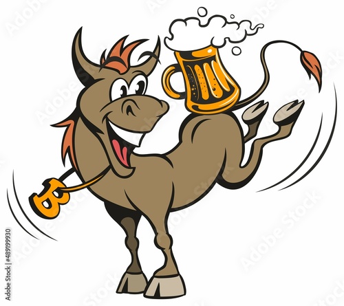 Cartoon style donkey, cartoon animal character with the beer mug, isolated on white background.