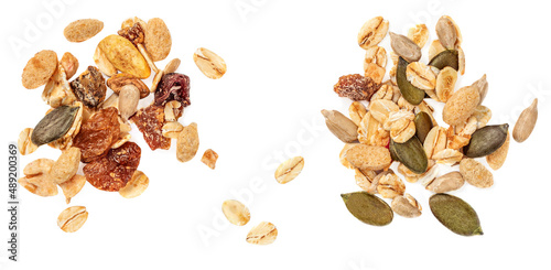 Oat flakes with Nuts, seeds and dried fruits isolated on white background. Granola Collection  Flat lay. Top view.