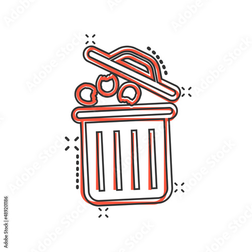 Garbage bin icon in comic style. Recycle cartoon vector illustration on white isolated background. Trash basket splash effect sign business concept.