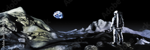 Astronaut on the Moon / Illustration a person wearing a spacesuit, with a backpack standing on the Moon's surface. The Earth in the background. Horizontal banner, digital painting