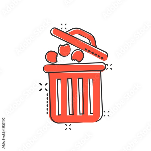 Garbage bin icon in comic style. Recycle cartoon vector illustration on white isolated background. Trash basket splash effect sign business concept.