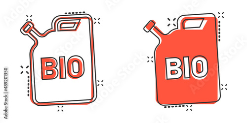 Gasoline canister icon in comic style. Petrol can cartoon vector illustration on white isolated background. Fuel container splash effect sign business concept.