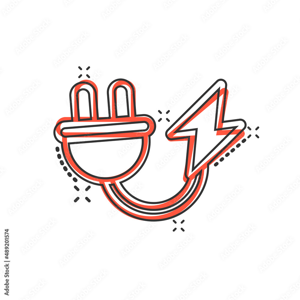 Electric plug icon in comic style. Power adapter cartoon vector illustration on white isolated background. Electrician splash effect sign business concept. Electric plug icon in comic style. Power adapter cartoon vector illustration on white isolated background. Electrician splash effect sign business concept.