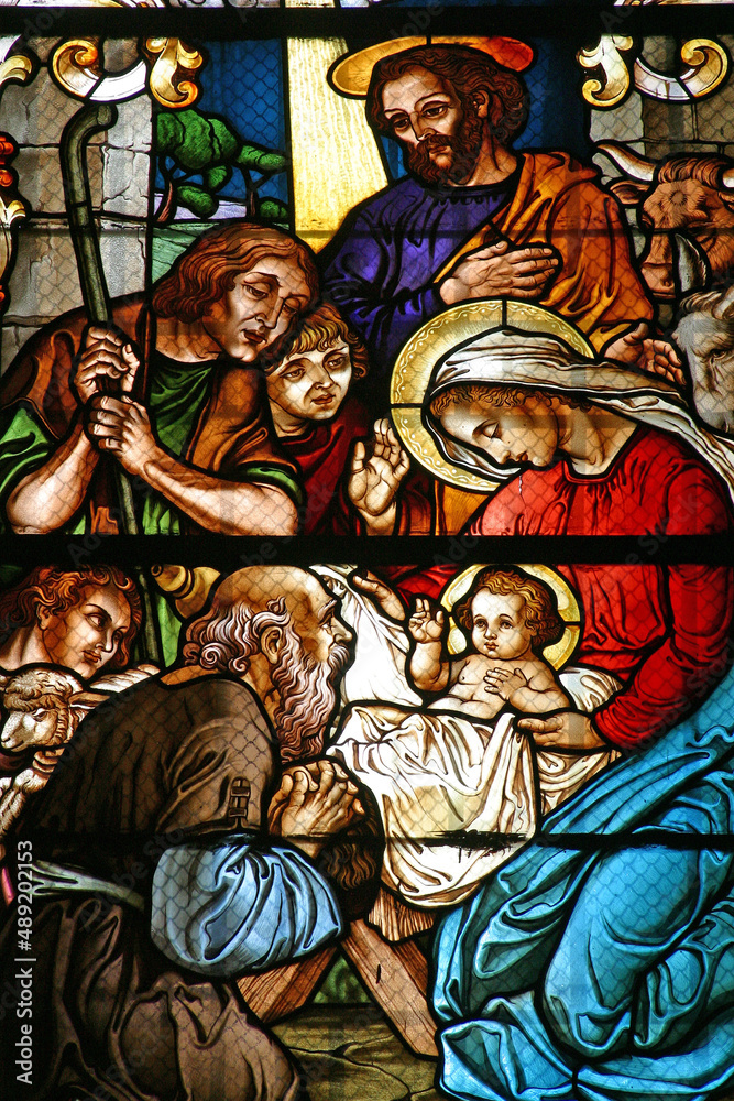 Adoration of the Shepherds, stained glass window in the Saint John the Baptist church in Zagreb, Croatia